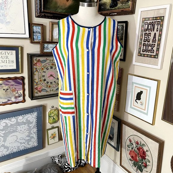 70s Vintage Village Inn Fashions Rainbow Striped Seersucker Midi House Dress XL - Picture 1 of 5